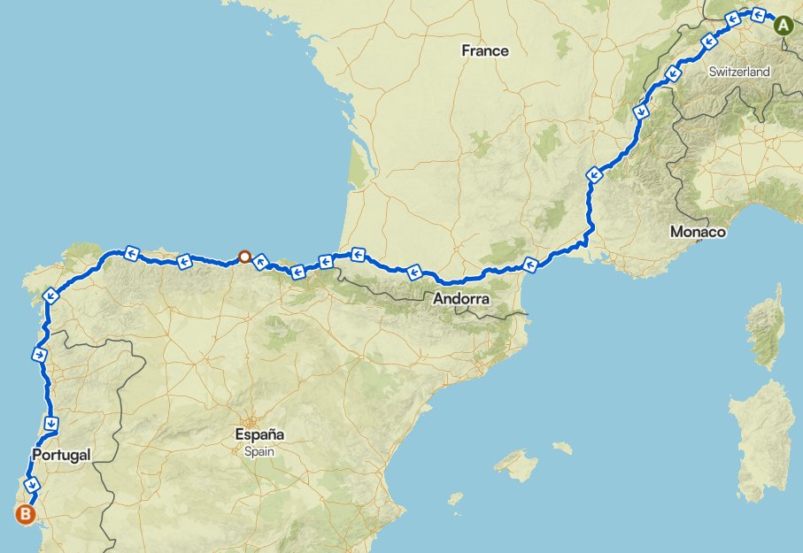 Routenverlauf von Bodensee nach Lissabon (Komoot)